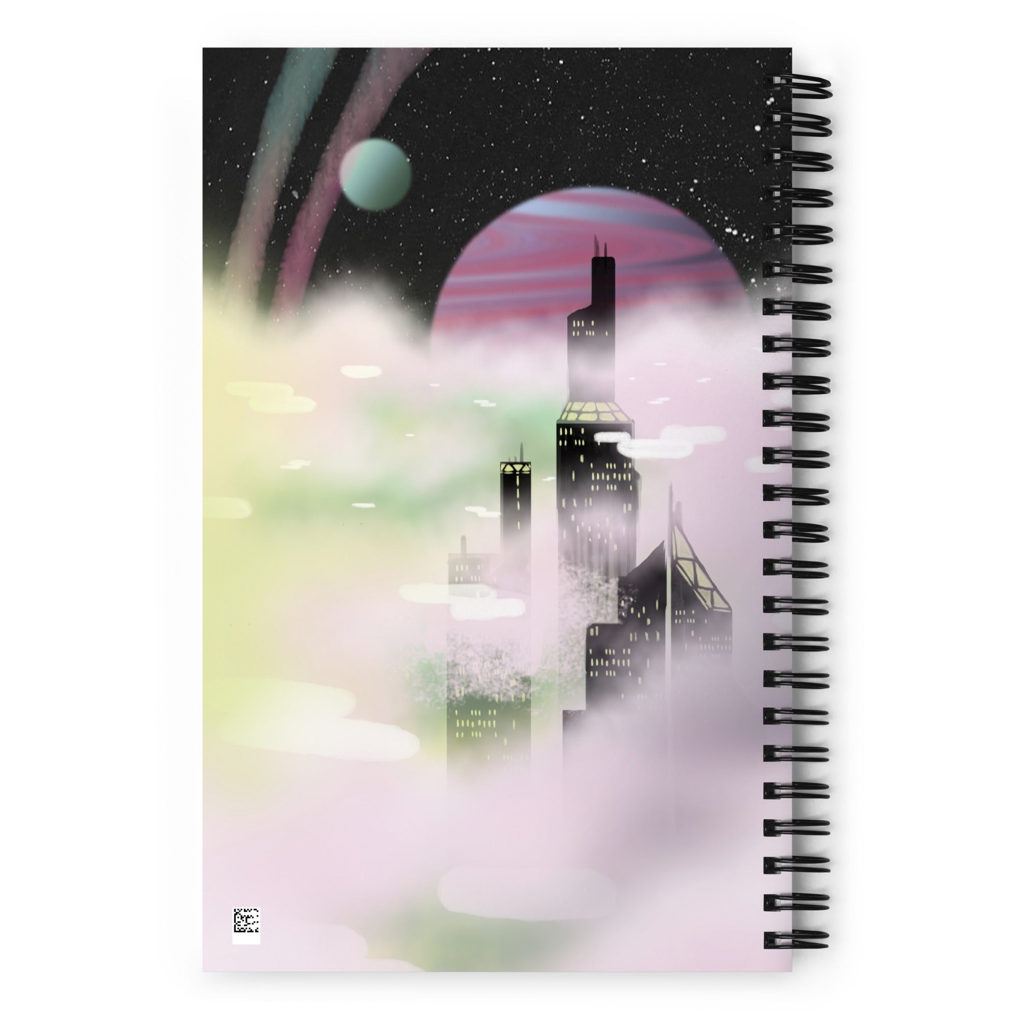 Close-up of the spiral binding showing textured black coils and a glimpse of the crisp white pages inside the Stratosphere