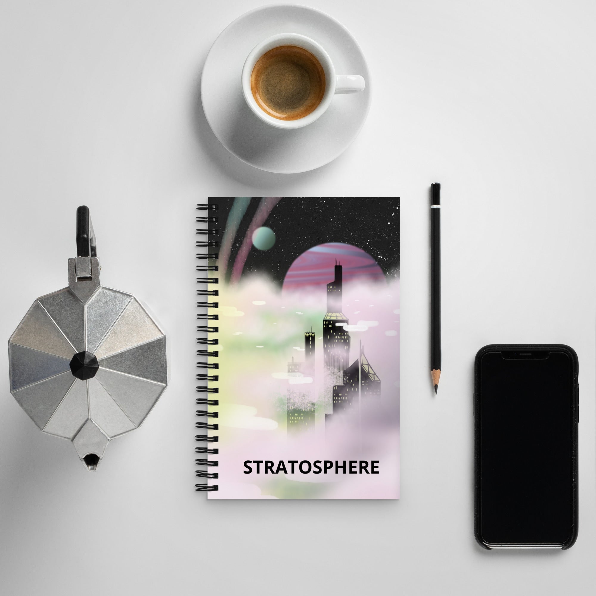 Stratosphere spiral notebook by The Art Collective International with black and white marbled cover, 8x10 inches, textured